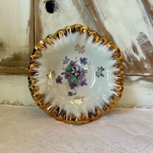 Gold trimmed floral decorative trinket dish glass plate